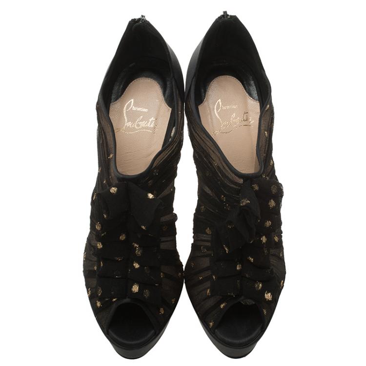 مملوكة مسبقًا Christian Louboutin Black Satin Ruffled Peep Toe Ankle Boots Size 37
