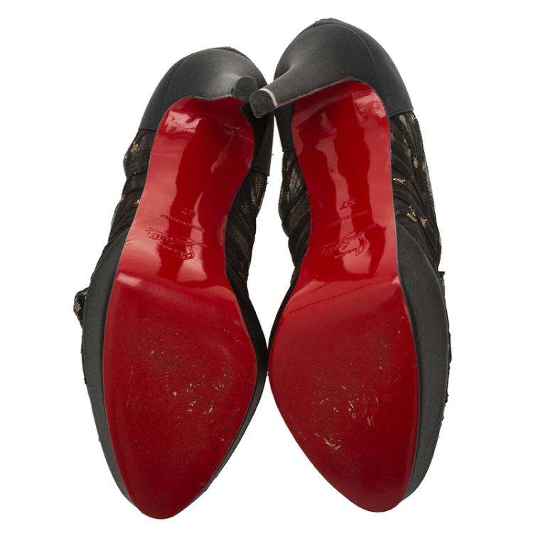 مملوكة مسبقًا Christian Louboutin Black Satin Ruffled Peep Toe Ankle Boots Size 37
