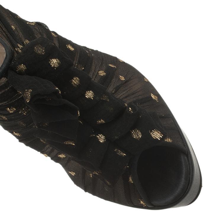 مملوكة مسبقًا Christian Louboutin Black Satin Ruffled Peep Toe Ankle Boots Size 37