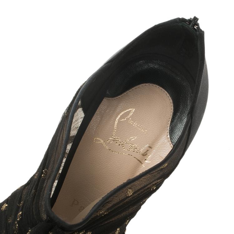 مملوكة مسبقًا Christian Louboutin Black Satin Ruffled Peep Toe Ankle Boots Size 37