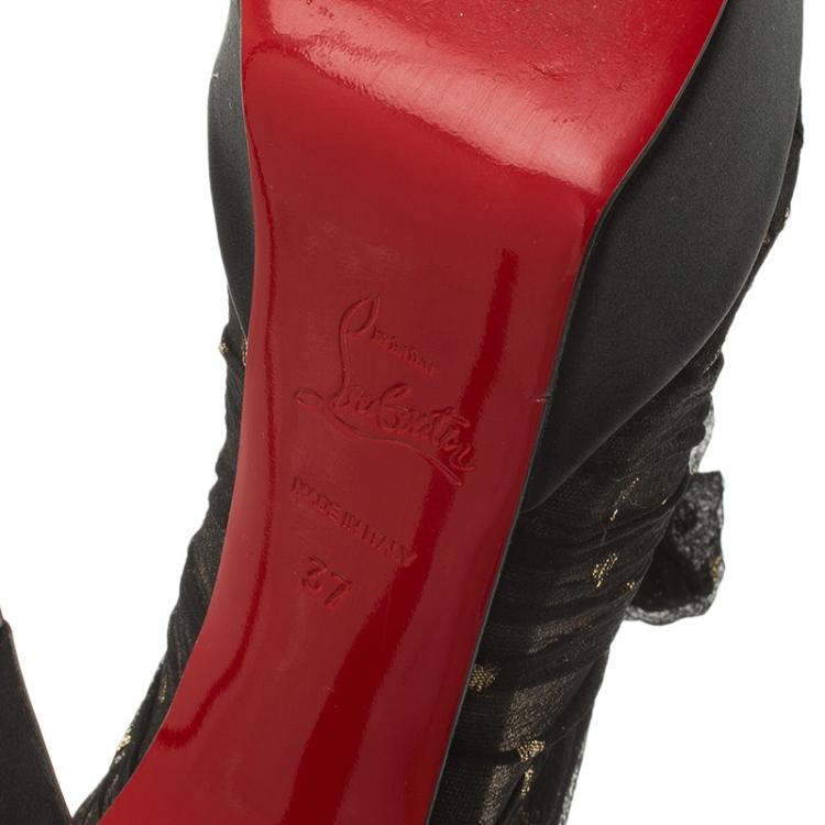 مملوكة مسبقًا Christian Louboutin Black Satin Ruffled Peep Toe Ankle Boots Size 37