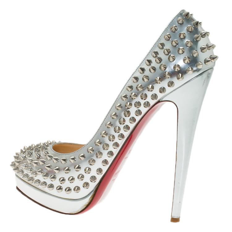 Pre Owned Christian Louboutin Silver Metallic Leather Alti Spike Platform Pumps Size 39.5
