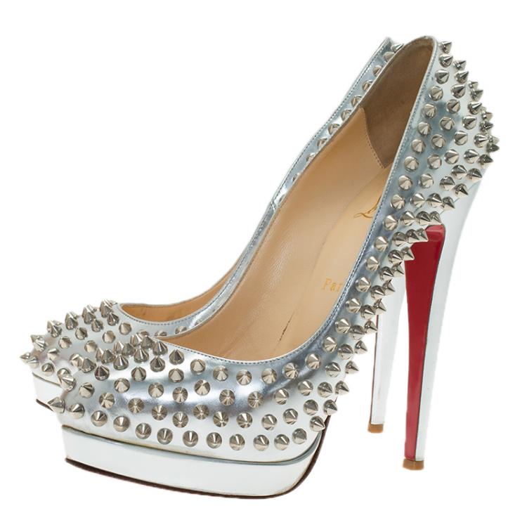 Pre Owned Christian Louboutin Silver Metallic Leather Alti Spike Platform Pumps Size 39.5
