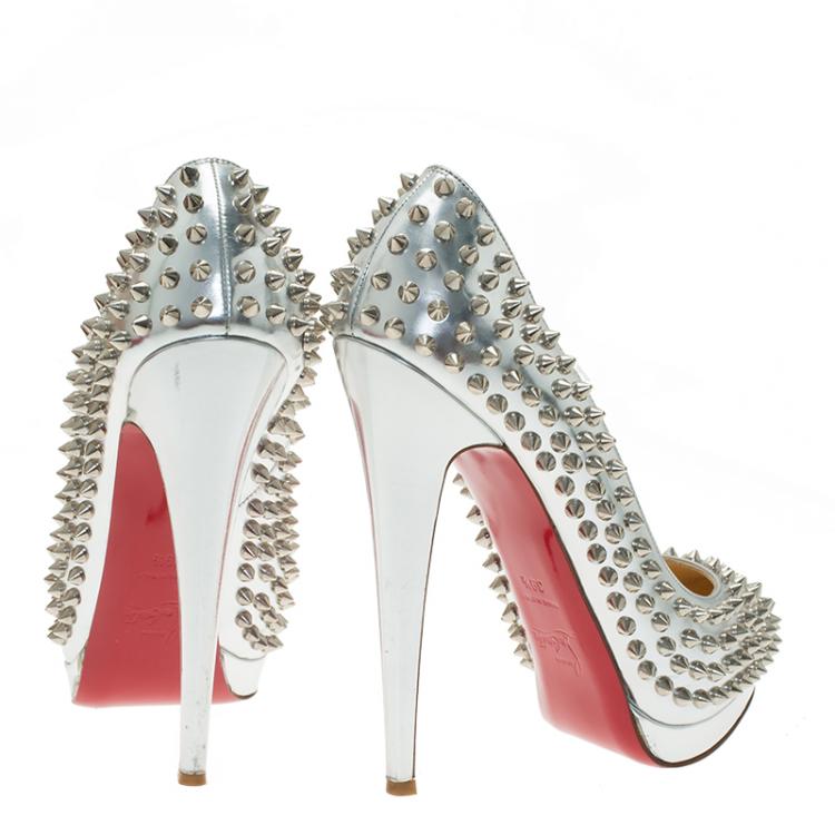 Pre Owned Christian Louboutin Silver Metallic Leather Alti Spike Platform Pumps Size 39.5