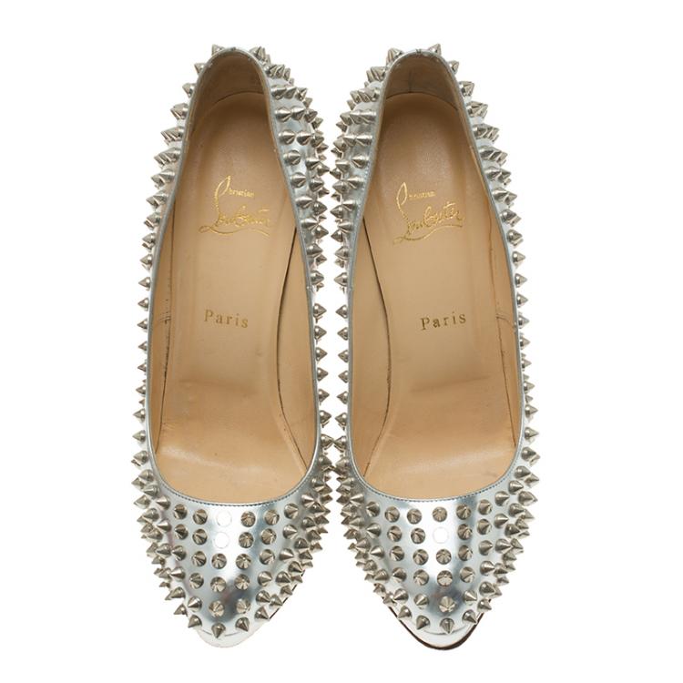 Pre Owned Christian Louboutin Silver Metallic Leather Alti Spike Platform Pumps Size 39.5