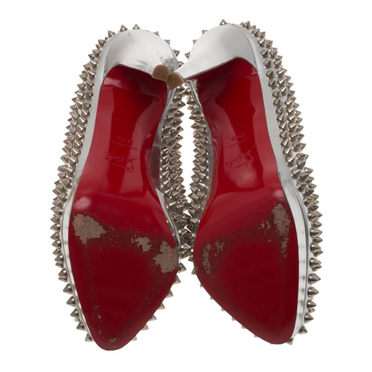 Pre Owned Christian Louboutin Silver Metallic Leather Alti Spike Platform Pumps Size 39.5