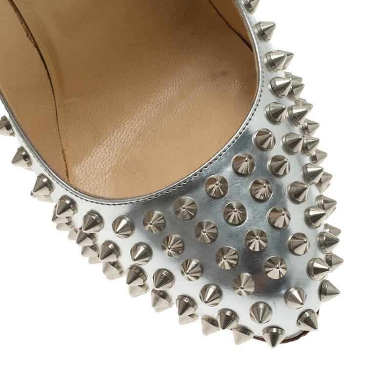 Pre Owned Christian Louboutin Silver Metallic Leather Alti Spike Platform Pumps Size 39.5