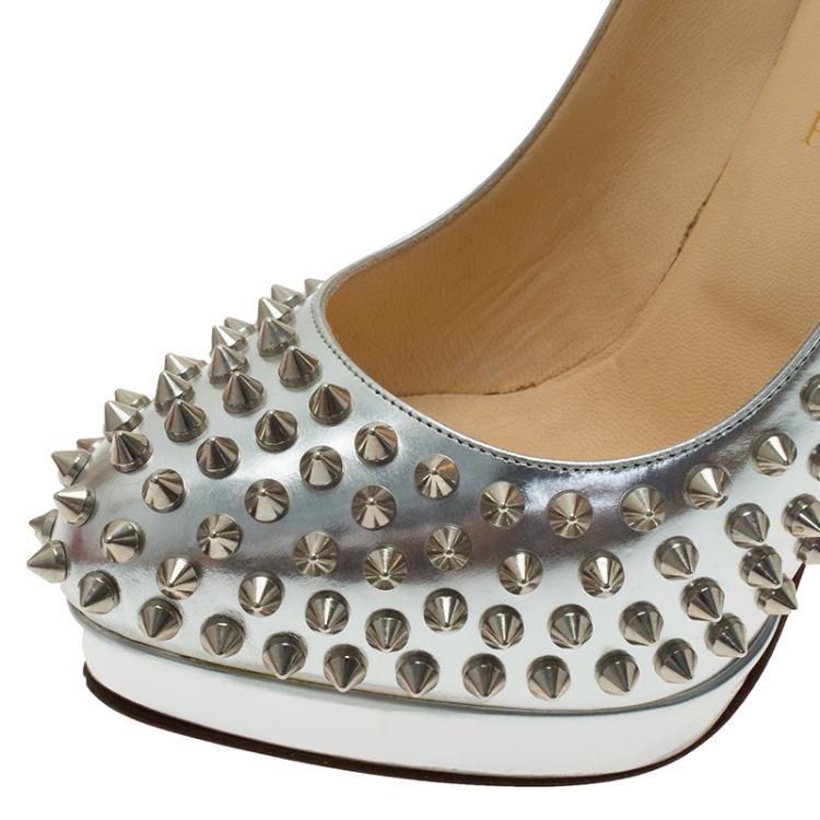 Pre Owned Christian Louboutin Silver Metallic Leather Alti Spike Platform Pumps Size 39.5