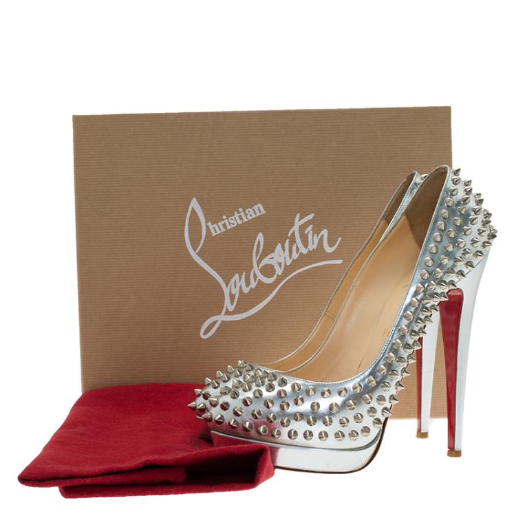 Pre Owned Christian Louboutin Silver Metallic Leather Alti Spike Platform Pumps Size 39.5