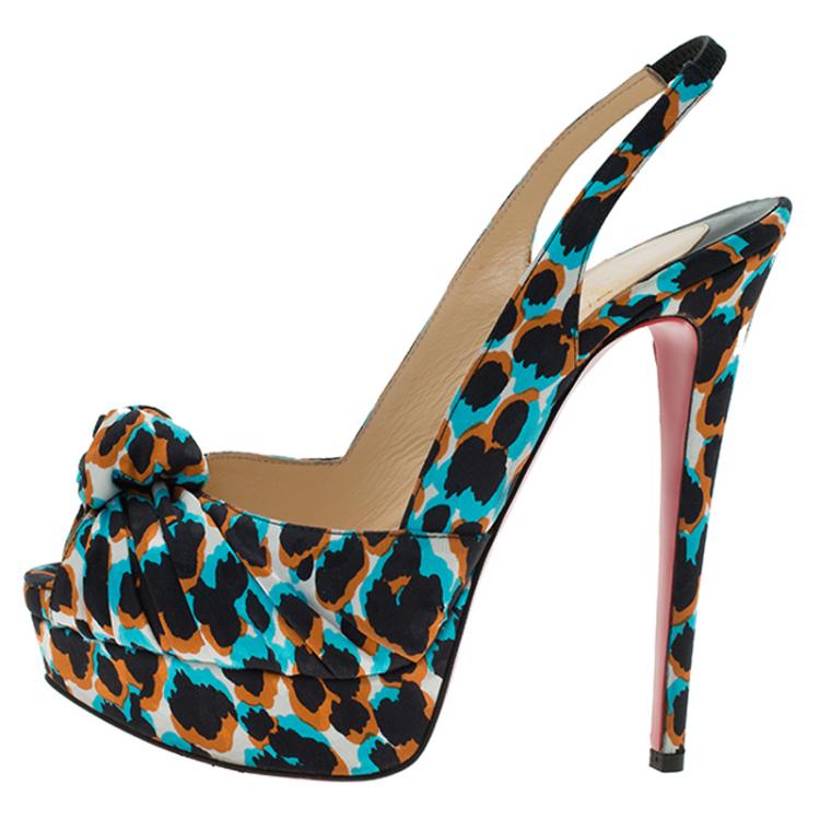 Pre Owned Christian Louboutin Multicolor Printed Satin Jenny Platform Slingback Sandals Size 38