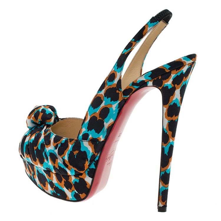 Pre Owned Christian Louboutin Multicolor Printed Satin Jenny Platform Slingback Sandals Size 38