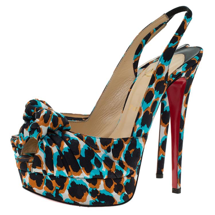 Pre Owned Christian Louboutin Multicolor Printed Satin Jenny Platform Slingback Sandals Size 38