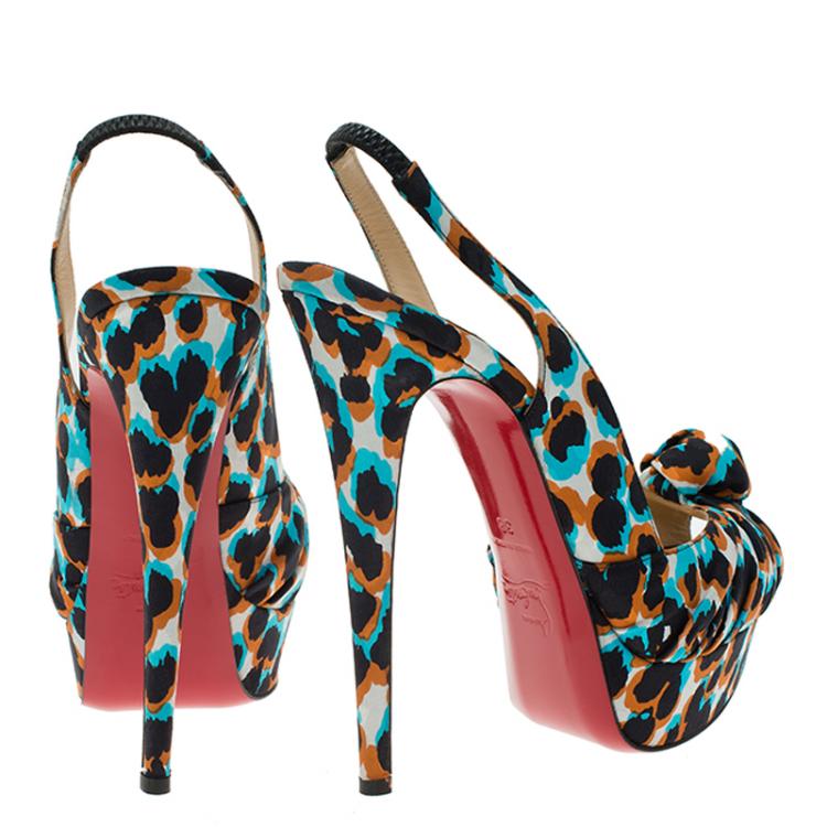Pre Owned Christian Louboutin Multicolor Printed Satin Jenny Platform Slingback Sandals Size 38