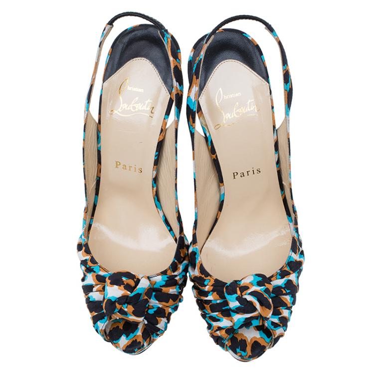 Pre Owned Christian Louboutin Multicolor Printed Satin Jenny Platform Slingback Sandals Size 38