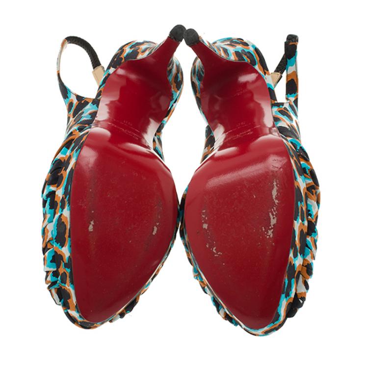Pre Owned Christian Louboutin Multicolor Printed Satin Jenny Platform Slingback Sandals Size 38