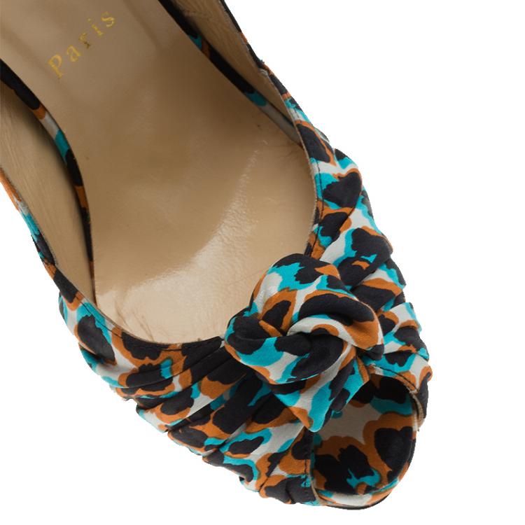 Pre Owned Christian Louboutin Multicolor Printed Satin Jenny Platform Slingback Sandals Size 38