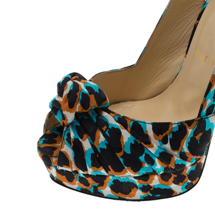Pre Owned Christian Louboutin Multicolor Printed Satin Jenny Platform Slingback Sandals Size 38