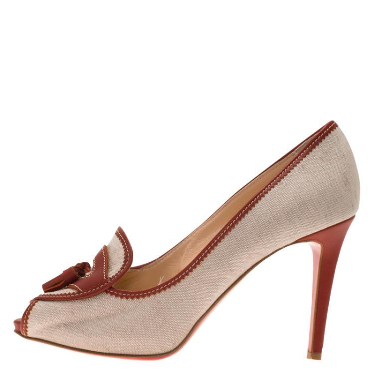 Pre Owned Christian Louboutin Beige Canvas and Red Leather Tassel Campus Loafer Pumps Size 37.5