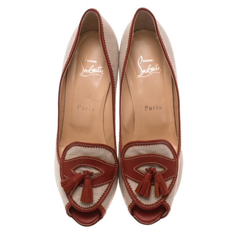 Pre Owned Christian Louboutin Beige Canvas and Red Leather Tassel Campus Loafer Pumps Size 37.5