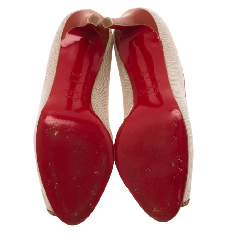 Pre Owned Christian Louboutin Beige Canvas and Red Leather Tassel Campus Loafer Pumps Size 37.5