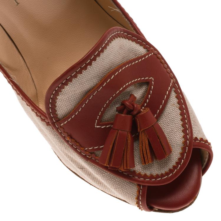 Pre Owned Christian Louboutin Beige Canvas and Red Leather Tassel Campus Loafer Pumps Size 37.5