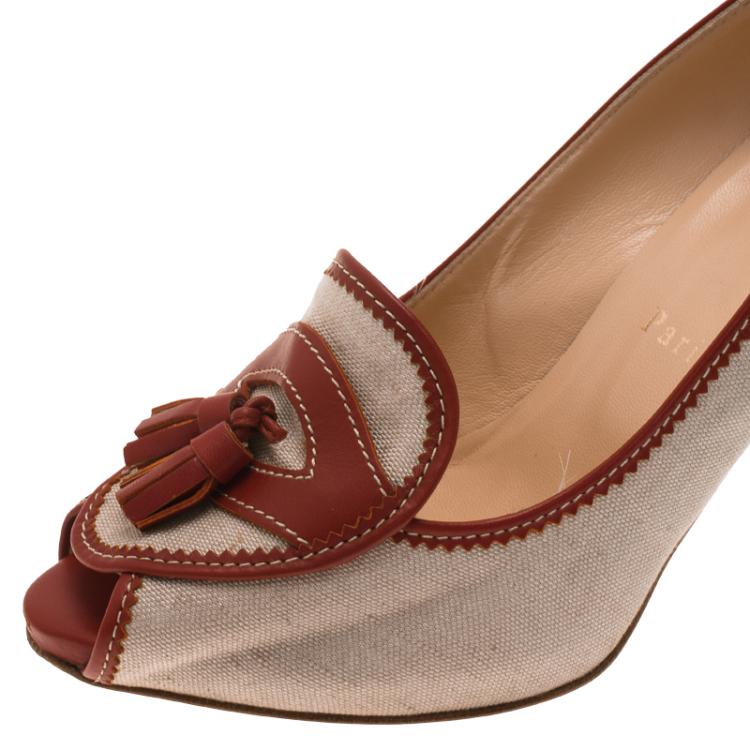 Pre Owned Christian Louboutin Beige Canvas and Red Leather Tassel Campus Loafer Pumps Size 37.5