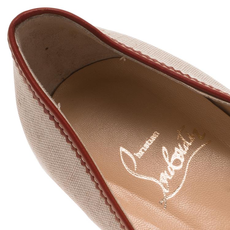 Pre Owned Christian Louboutin Beige Canvas and Red Leather Tassel Campus Loafer Pumps Size 37.5