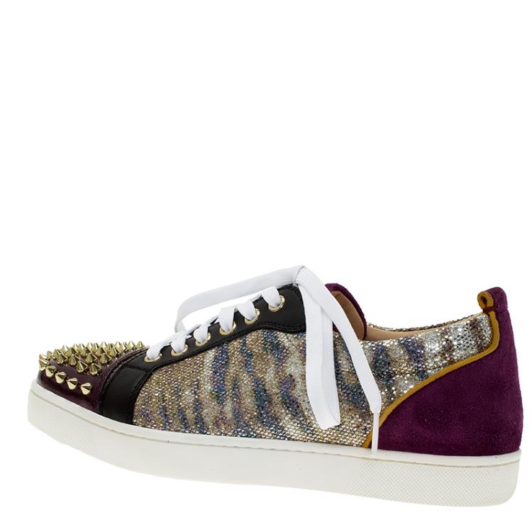 Pre Owned Christian Louboutin Purple Metallic Leather Spiked Louis Junior Sneakers Size 39
