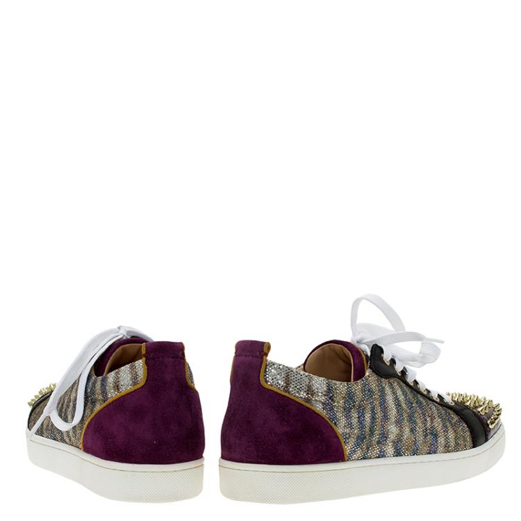 Pre Owned Christian Louboutin Purple Metallic Leather Spiked Louis Junior Sneakers Size 39