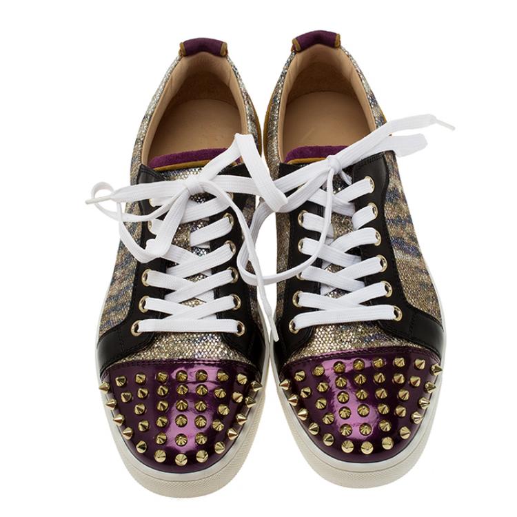 Pre Owned Christian Louboutin Purple Metallic Leather Spiked Louis Junior Sneakers Size 39