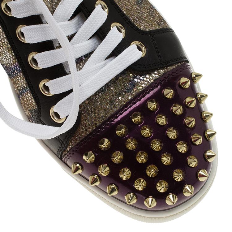 Pre Owned Christian Louboutin Purple Metallic Leather Spiked Louis Junior Sneakers Size 39