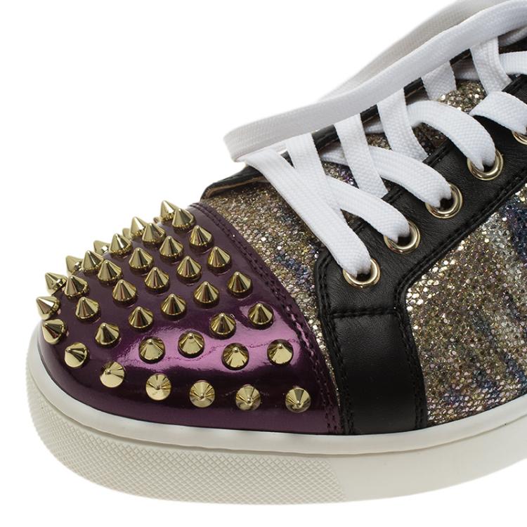 Pre Owned Christian Louboutin Purple Metallic Leather Spiked Louis Junior Sneakers Size 39