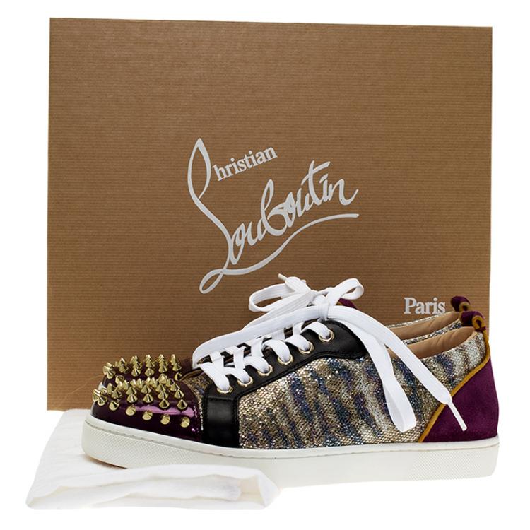 Pre Owned Christian Louboutin Purple Metallic Leather Spiked Louis Junior Sneakers Size 39