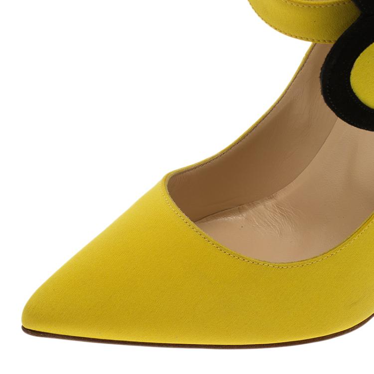 Pre Owned Christian Louboutin Yellow Satin Pensee Mary Jane Pumps Size 39