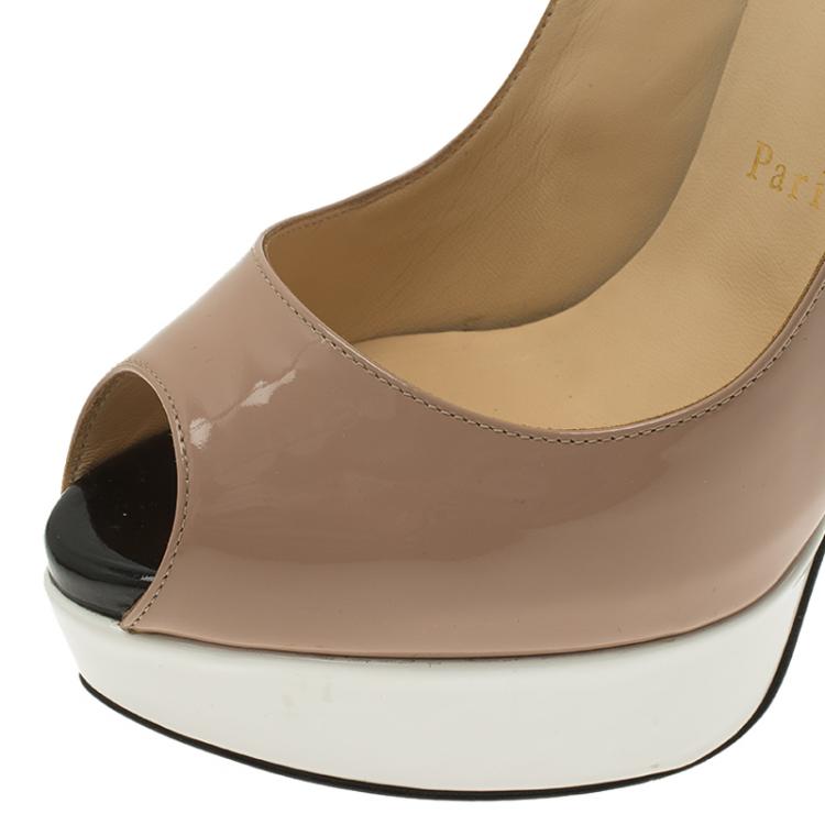 مملوكة مسبقًا Christian Louboutin Tricolored Patent Lady Peep Toe Platform Slingback Sandals Size 37