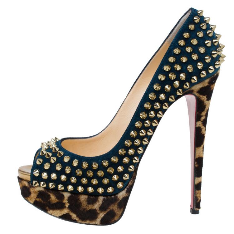 Pre Owned Christian Louboutin Blue Suede and Leopard Pony Hair Spiked Lady Peep Toe Platform Pumps Size 36.5