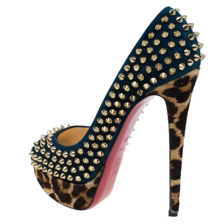 Pre Owned Christian Louboutin Blue Suede and Leopard Pony Hair Spiked Lady Peep Toe Platform Pumps Size 36.5