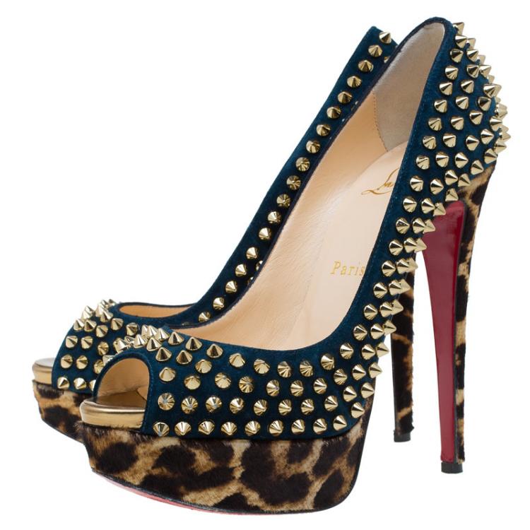 Pre Owned Christian Louboutin Blue Suede and Leopard Pony Hair Spiked Lady Peep Toe Platform Pumps Size 36.5