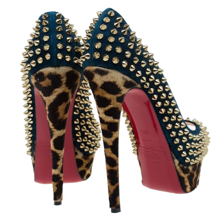 Pre Owned Christian Louboutin Blue Suede and Leopard Pony Hair Spiked Lady Peep Toe Platform Pumps Size 36.5
