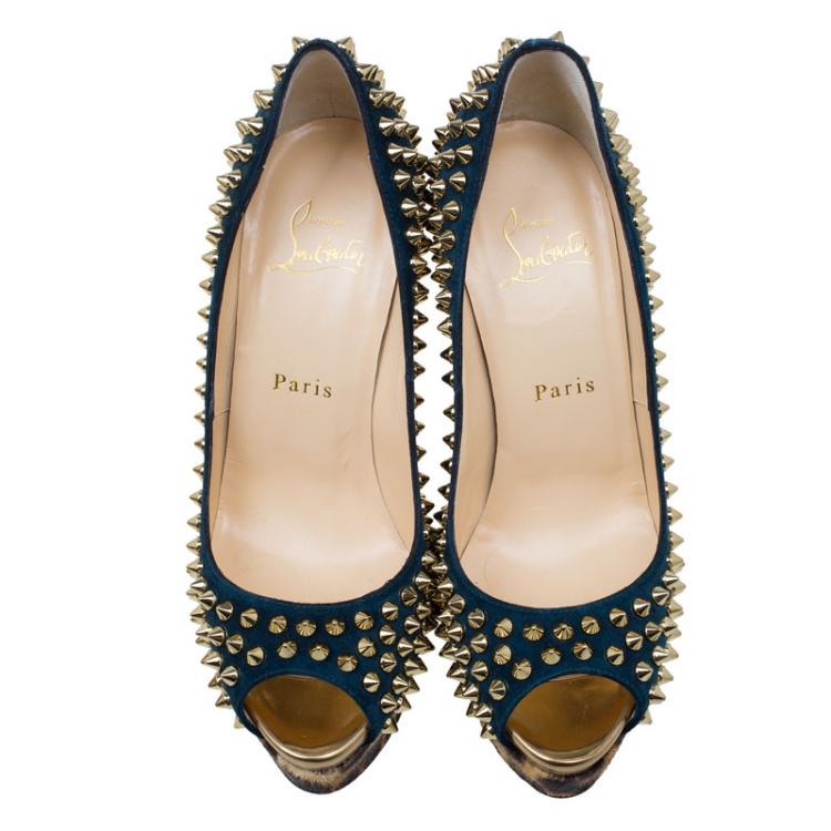 Pre Owned Christian Louboutin Blue Suede and Leopard Pony Hair Spiked Lady Peep Toe Platform Pumps Size 36.5