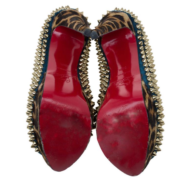 Pre Owned Christian Louboutin Blue Suede and Leopard Pony Hair Spiked Lady Peep Toe Platform Pumps Size 36.5