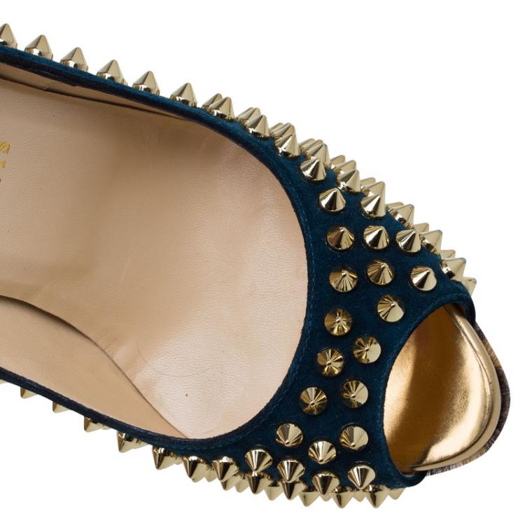 Pre Owned Christian Louboutin Blue Suede and Leopard Pony Hair Spiked Lady Peep Toe Platform Pumps Size 36.5