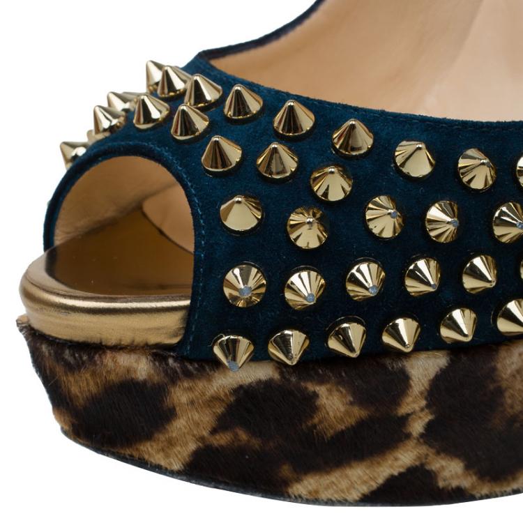 Pre Owned Christian Louboutin Blue Suede and Leopard Pony Hair Spiked Lady Peep Toe Platform Pumps Size 36.5