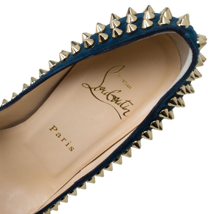 Pre Owned Christian Louboutin Blue Suede and Leopard Pony Hair Spiked Lady Peep Toe Platform Pumps Size 36.5