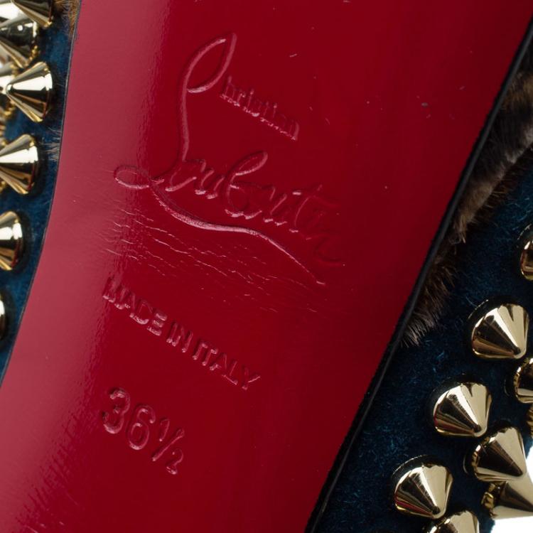 Pre Owned Christian Louboutin Blue Suede and Leopard Pony Hair Spiked Lady Peep Toe Platform Pumps Size 36.5