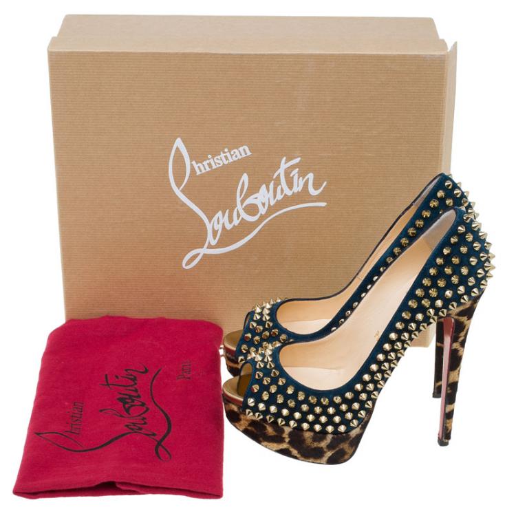 Pre Owned Christian Louboutin Blue Suede and Leopard Pony Hair Spiked Lady Peep Toe Platform Pumps Size 36.5