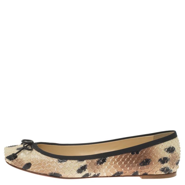Pre Owned Christian Louboutin Beige Python Rosella Square Toe Ballet Flats Size 40.5