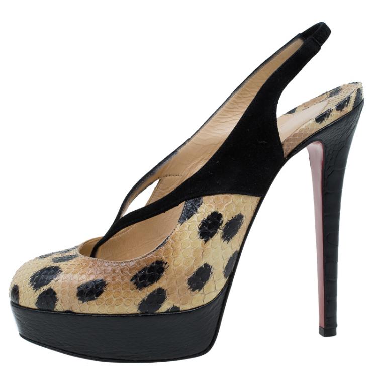 Pre Owned Christian Louboutin Beige Python and Black Suede Stringita Platform Slingback Sandals Size 38