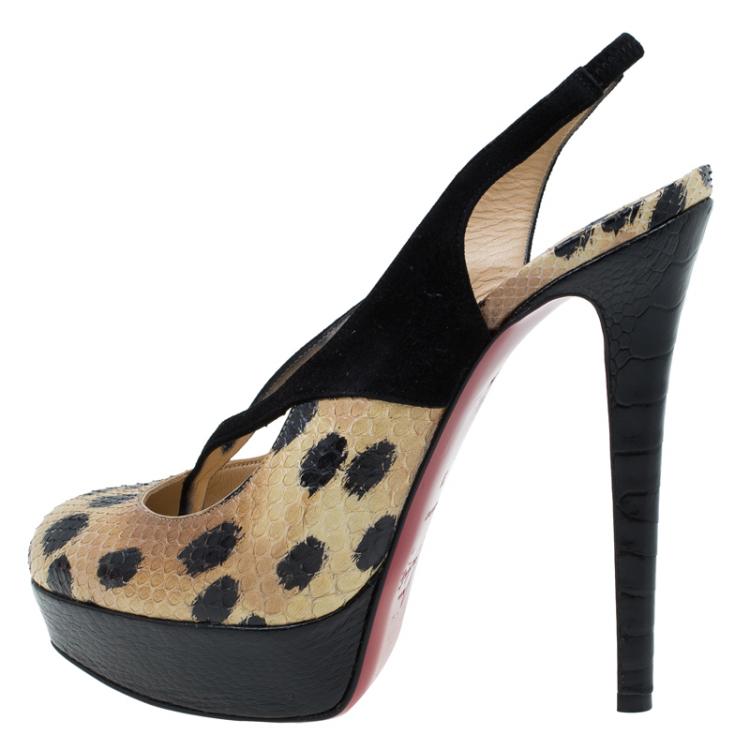 Pre Owned Christian Louboutin Beige Python and Black Suede Stringita Platform Slingback Sandals Size 38
