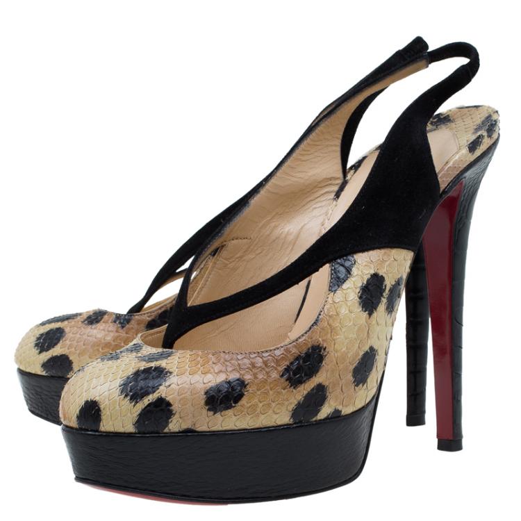 Pre Owned Christian Louboutin Beige Python and Black Suede Stringita Platform Slingback Sandals Size 38
